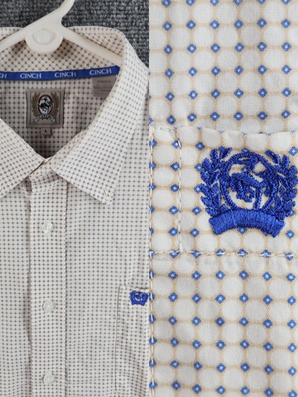 Cinch Large Geometric Pattern Blue White Beige Long Sleeve Button Up Embroidered